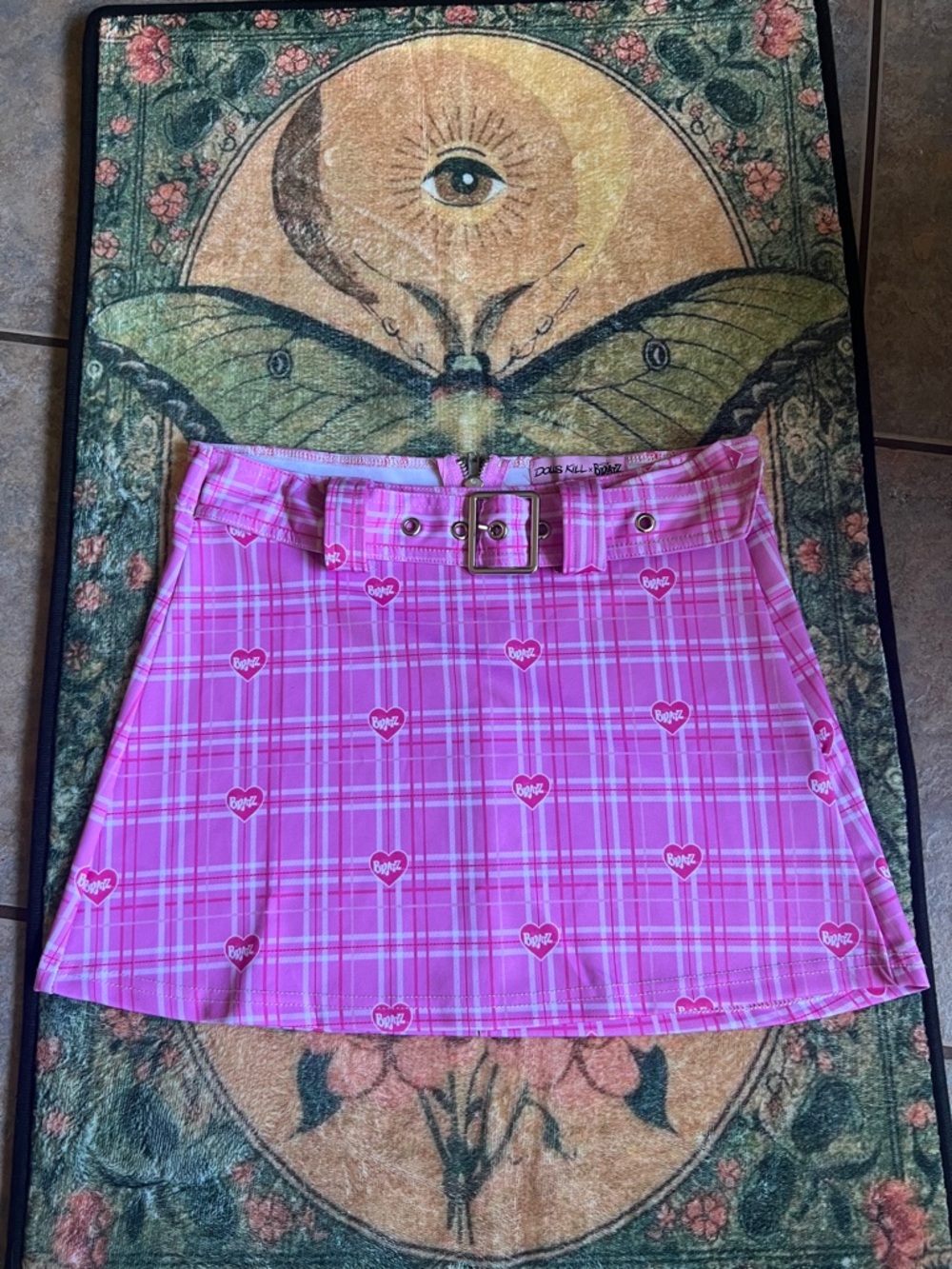 Dolls Kill Pink Plaid A-Line Mini Skirt with Heart Print & Belt